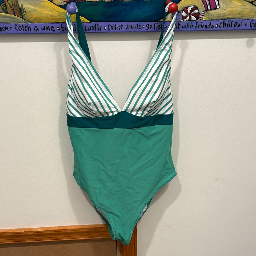 Green and White Striped Swimsuit